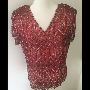 BEADED SILK RED BLACK WHITE TOP LARGE